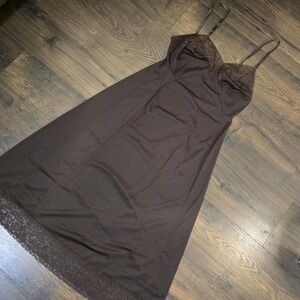 Vintage 50s Van Raalte Brown Lace Full Slip Philmy Nylon Lingerie Pin Up Y2K 34